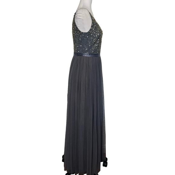 BHLDN Dress Formal Black Tie Gown Slate Blue Gray‎ Beaded Tulle Size 8 - Picture 3 of 11